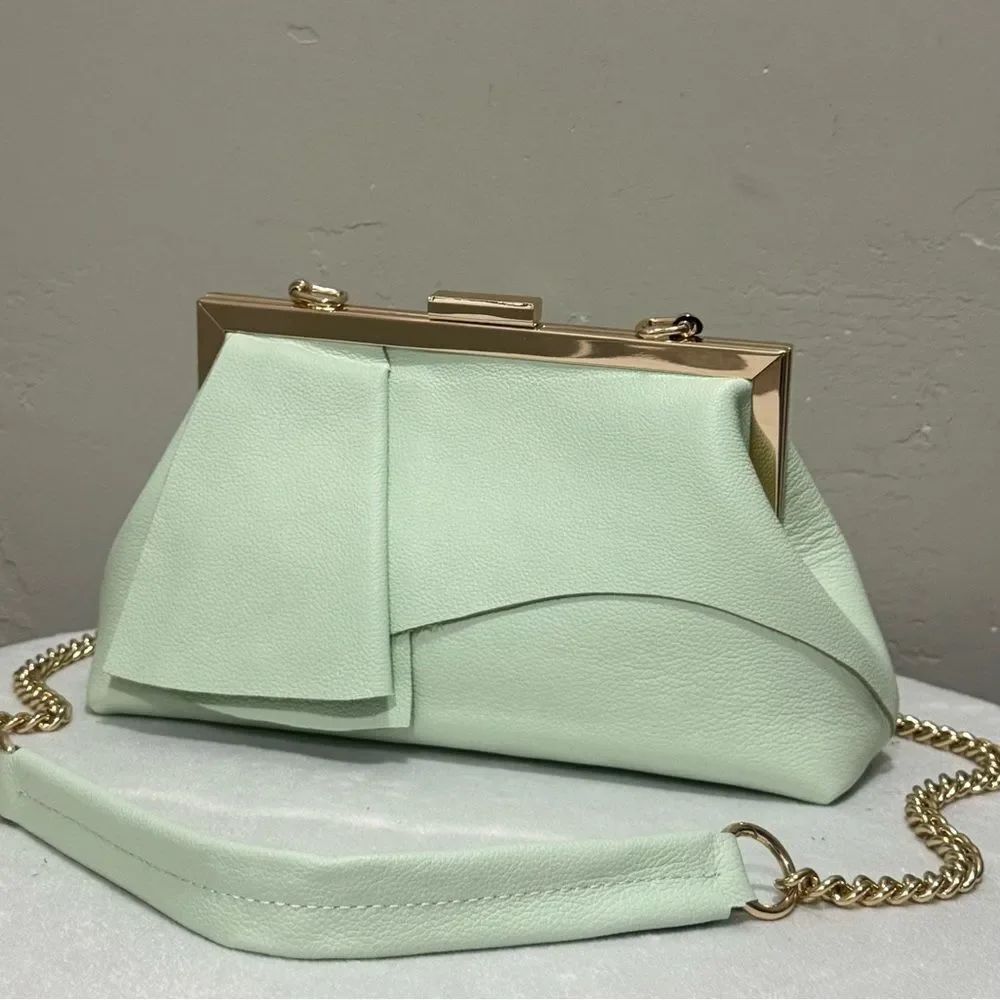 Genuine Leather Handmade Unique Asymmetrical Ruffles Frame Clutch Bag/Crossbaody - Picture 7 of 16